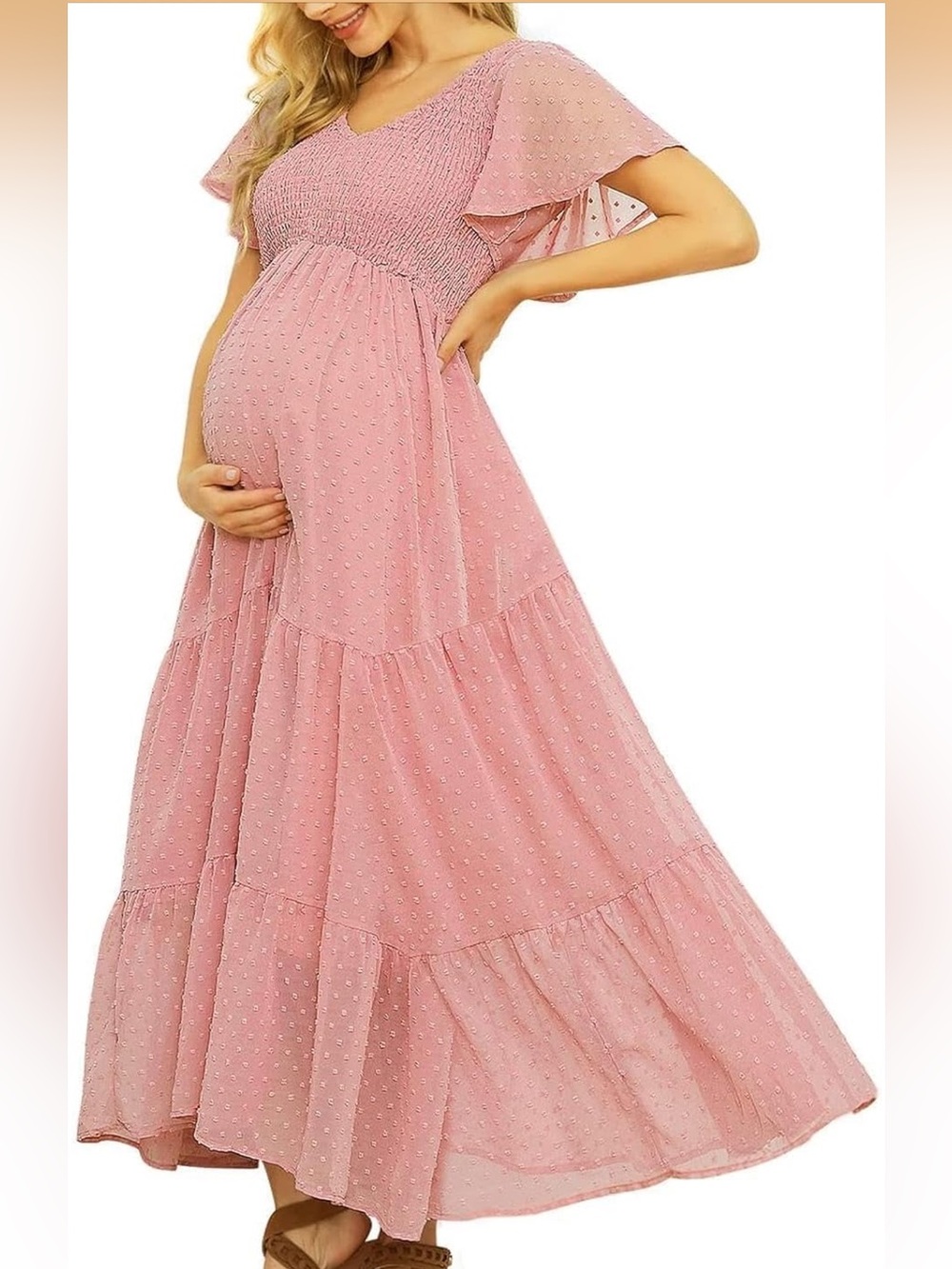 Women’s Maternity Pink Swiss Dot Maxi Dress